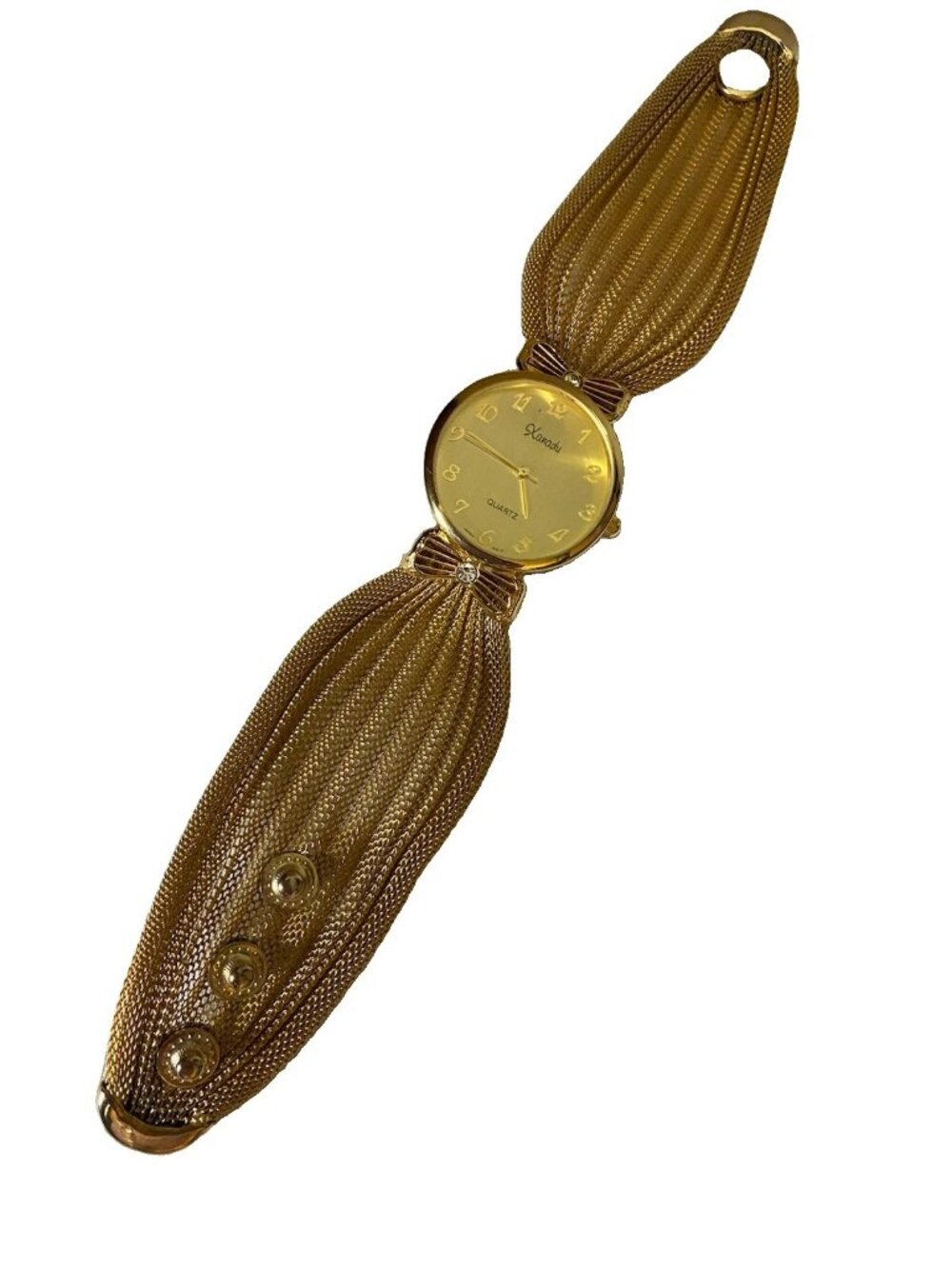 Vtg Women Xanadu Quartz Rhinestone Mesh Watch Gold Tone Snaps Needs Battery